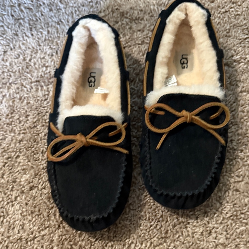 UGG Black and Brown Sheepskin Moccasin Slippers